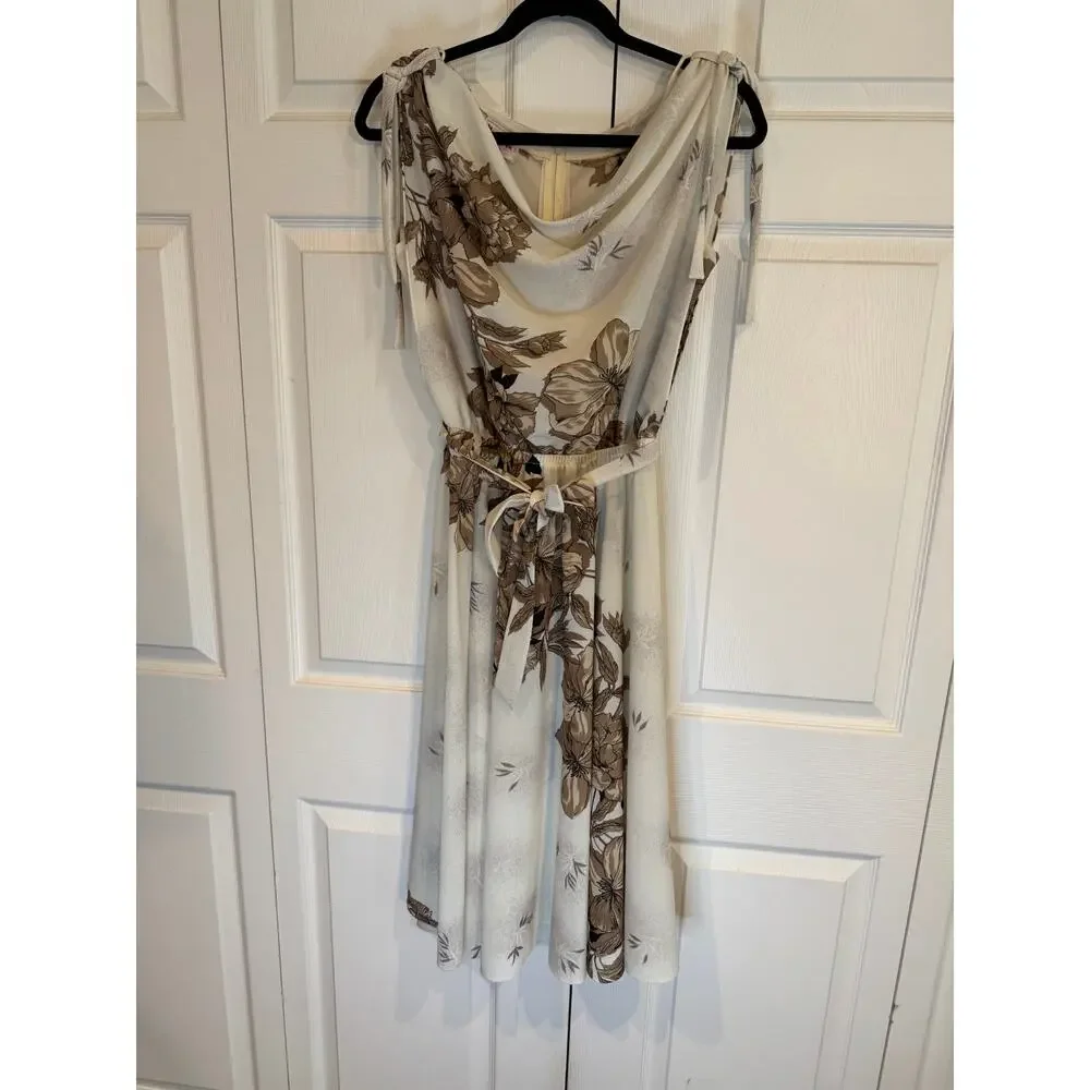 Vintage Floral Print Dress Sleeveless Tie Strap Midi Cream Brown - Picture 3 of 8